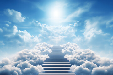 Stairs in white clouds to heavenly blue sky and sun, holy path to paradise, stairway to heaven