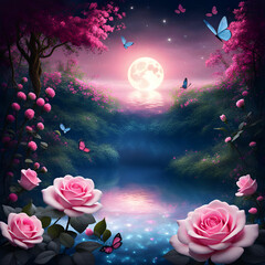 Magical fantasy enchanted fairy tale landscape with forest lake, amazing fairy tale blooming pink rose garden flowers and two butterflies on mysterious blue background and shining moonlight at night