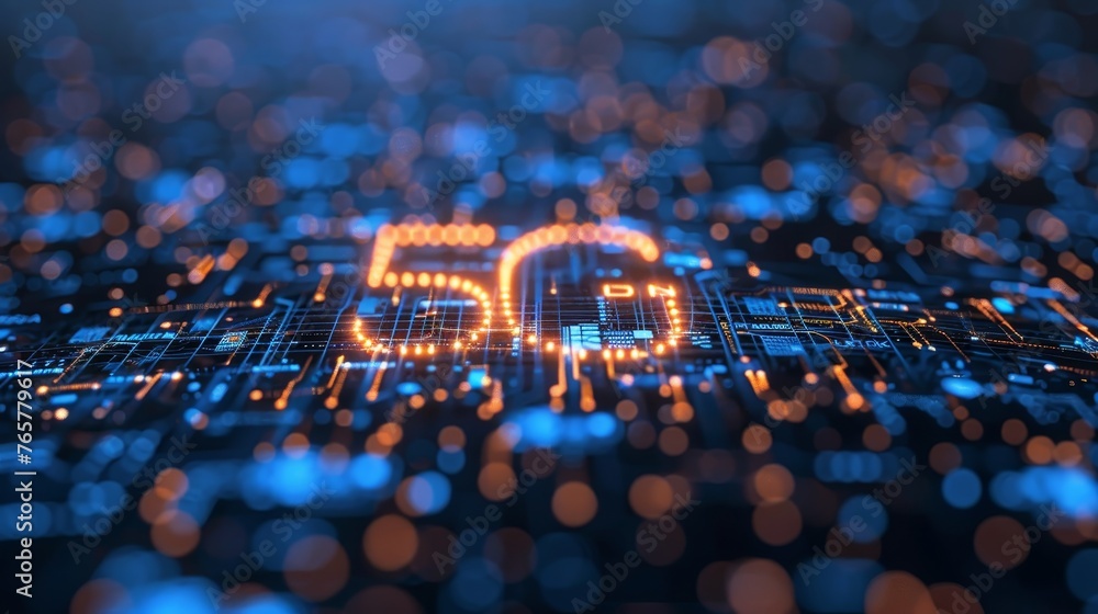Poster an illuminated 5g symbol on a complex circuit board, representing the cutting-edge of high-speed mob