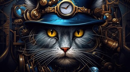 Steampunk aesthetics meet feline grace as a cat's head dons a hat, creating a design that balances humor and animal allure.