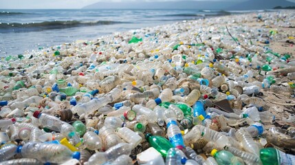 A distressing scene of countless plastic bottles and debris littering a beach, depicting the severe pollution affecting marine environments. - obrazy, fototapety, plakaty