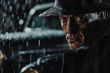 A somber man in a fedora and trench coat under rain, giving off an underworld vibe. - obrazy, fototapety, plakaty
