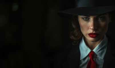 Woman in a hat casts a noir vibe, her gaze sharp, lips red, and attire suggesting intrigue.