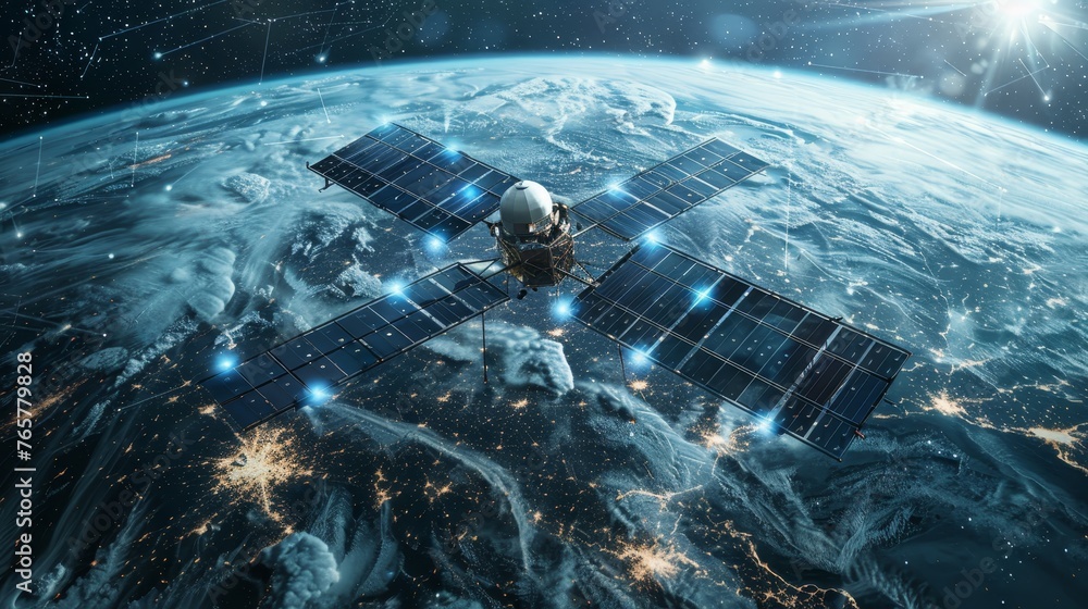Poster a satellite with sprawling solar wings floats in space, connecting a web of global communication net