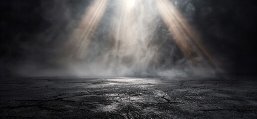 Dark background with light beam shining down, mist and smoke rising from below, for mystery concept