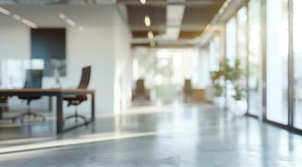 Blurred modern office interior with desks and computer in a blurred background in the style of white color