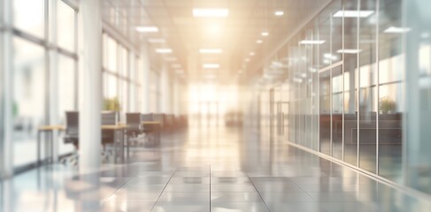 Fototapeta premium Blurred modern office interior with desks and computer in a blurred background in the style of white color