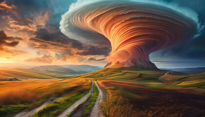 Tornado, cyklon. Abstrakcyjny krajobraz surrealistyczny