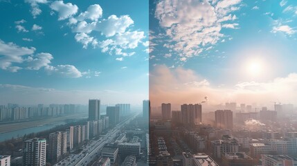 A visual comparison between clean air and polluted air, with clear blue skies on one side and smog - filled skies - obrazy, fototapety, plakaty