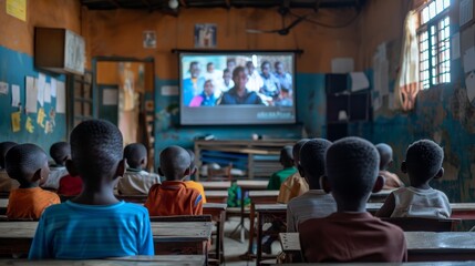 African school children attentively watching a television screen showing an educational program in a rural classroom setting. - obrazy, fototapety, plakaty