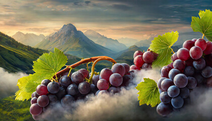 Surrealistyczny krajobraz, owoce czerwone winogrona. Abstrakcyjne tło - obrazy, fototapety, plakaty