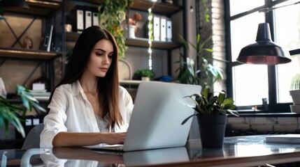 Fototapeta premium A confident young professional business woman working from a coworking space. Focused and thinking 