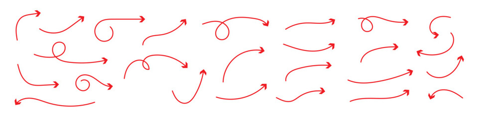 Set of vector curved arrows hand drawn. Sketch doodle style. Collection of pointers.