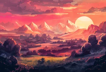 Stof per meter illustration beautiful sunset mountain landscape, background, fantasy © Ana M