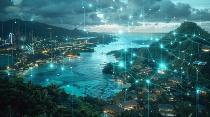 An imaginative depiction of a smart city, with a connected network overlaying a coastal urban area at twilight, illustrating advanced technology integration.