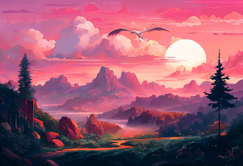 illustration beautiful sunset mountain landscape, background, fantasy
