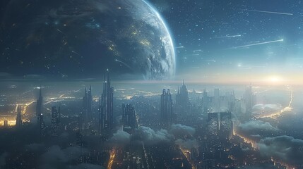 An awe-inspiring extraterrestrial cityscape against the backdrop of a breathtaking Earthrise, capturing the convergence of advanced civilization and space exploration.
