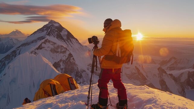 A lone photographer at a mountain summit captures the stunning sunrise over a snow-covered range, with base camp tents in the foreground.