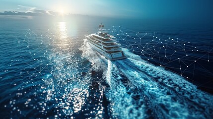A luxurious yacht cruising on calm ocean waters, overlaid with futuristic network connection graphics at sunset. - obrazy, fototapety, plakaty
