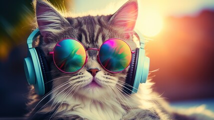 Adorable kitten in sunglasses and headphones against the backdrop of the setting sun. - obrazy, fototapety, plakaty