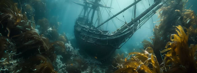  Captured Shipwreck in Deep Ocean Surrounded by Kelp and Marine Life © heroimage.io