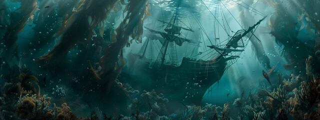 Sunken Ship Amongst Seaweed and Marine Life Underwater Scene - obrazy, fototapety, plakaty