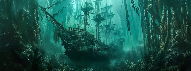 Mystical Underwater Scene of Shipwrecks with Marine Flora and Sunlight - obrazy, fototapety, plakaty