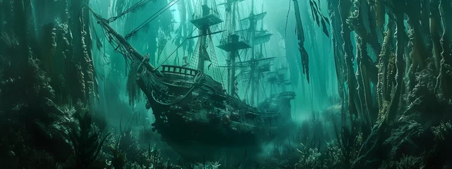 Foto auf Acrylglas Mystical Underwater Scene of Shipwrecks with Marine Flora and Sunlight © heroimage.io