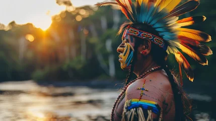 Poster Profile of an indigenous individual wearing a vibrant feather headdress at sunset by the river, reflecting cultural beauty. © Rattanathip