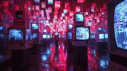 Fototapeta na wymiar An eerie yet captivating scene with multiple retro televisions illuminated by a forest of hanging red light cubes in a dark room.