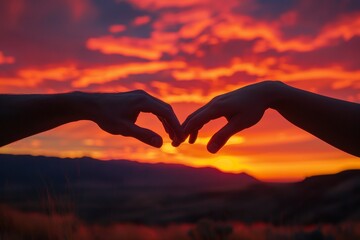 Silhouette of hands forming a heart against a sunset