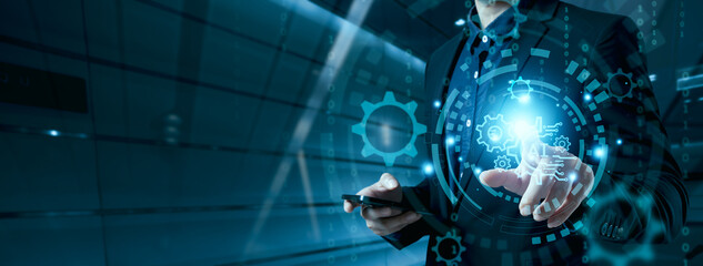 businessman using Ai technology in business by artificial intelligence,  smart robot AI, Futuristic technology transformation, using AI technology for developing running business on cloud computing