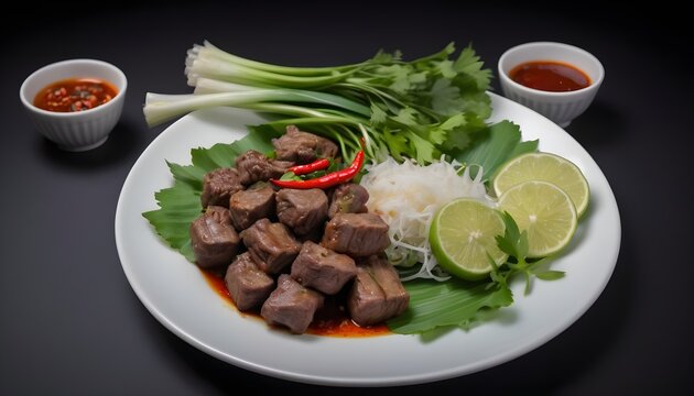 Beef fried Thai food on a white plate with spring onion, kaffir lime leaves, chilies, salad and chili paste in a cup. black background