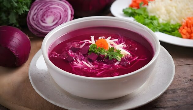 delicious borsch ukrainian beet soup on white background
