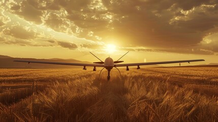 A fixed-wing drone soars low over a ripe wheat field, bathed in the rich golden tones of the setting sun peeking through scattered clouds.