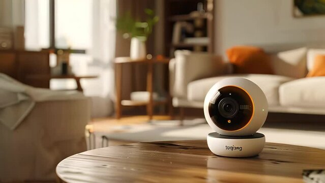 Modern cctv camera in living room. Ip security home camera. Smart home and security concept. Modern technology camera rotates. Smart video copy space