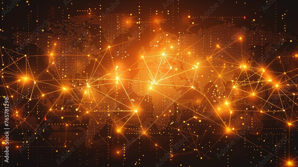 Aufkleber a dynamic and intricate network of connections spans the globe, represented by golden nodes and line