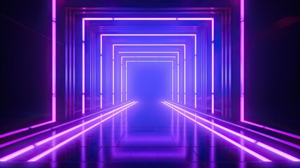 Abstract beautifull background with neon light, geometric shapes and lines. Glowing ultraviolet dark room in the tunnel interior design of modern architecture 