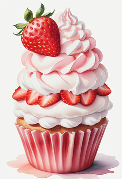 Watercolor of strawberry cupcake on white background