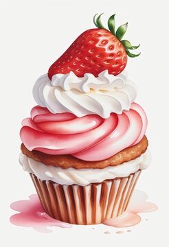 Watercolor of strawberry cupcake on white background