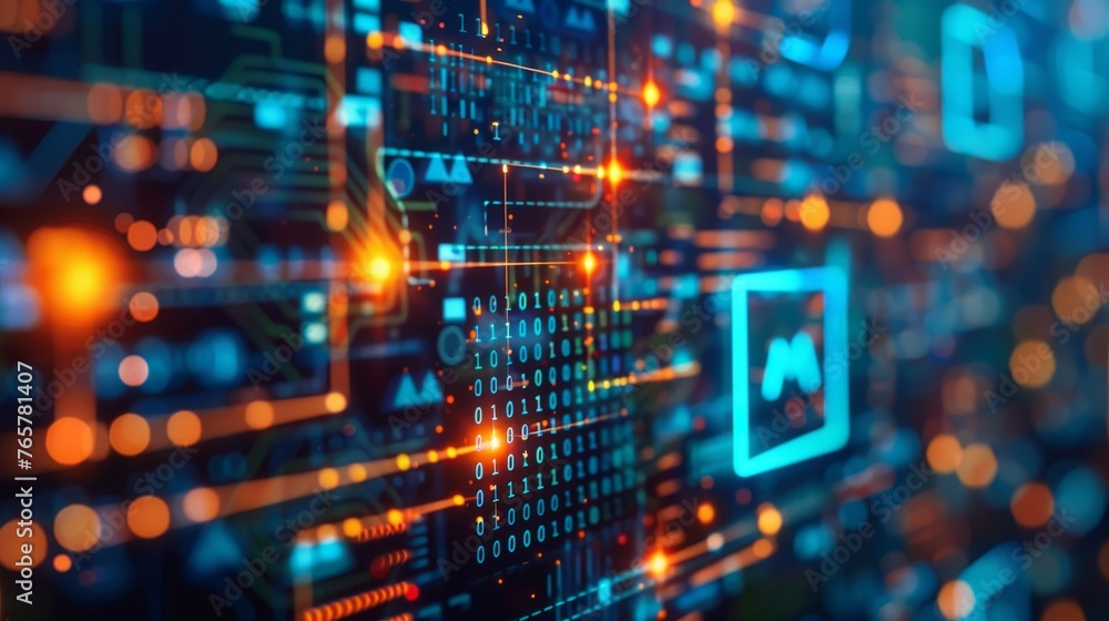 Aufkleber a highly detailed abstract image of a futuristic circuit board with glowing elements and digital sym