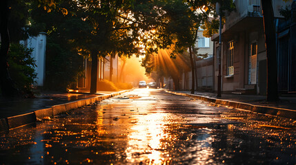 street view after rain with subtle sunlight - obrazy, fototapety, plakaty