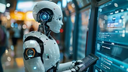 Fototapeta premium A humanoid robot with a complex eye mechanism is depicted operating a digital touchscreen interface in a technologically advanced environment.