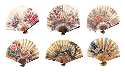 Set of floral Japanese fans isolated illustration. Traditional fan with flowers for Asian culture design.