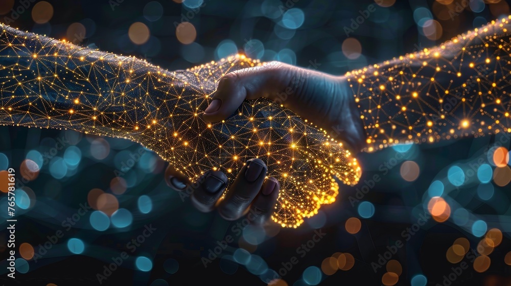 Poster a conceptual digital image of a handshake formed with a network of glowing connections, symbolizing 