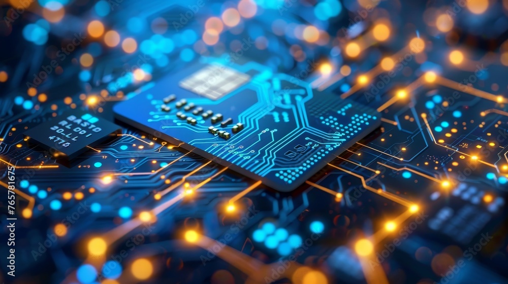 Poster a close-up of a microprocessor chipset on a vibrant blue circuit board with glowing electronic pathw