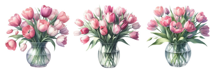 Watercolor illustration material set of pink tulips in a glass vase