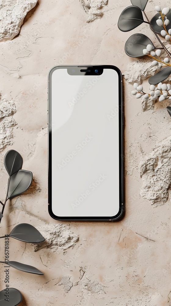 Poster smartphone with a blank screen on a textured background with botanical elements.
