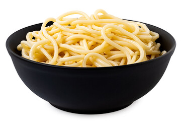 Cooked spaghetti in a black ceramic bowl isolated on white.