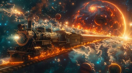 A train traveling through space. The train is surrounded by stars and planets. - obrazy, fototapety, plakaty